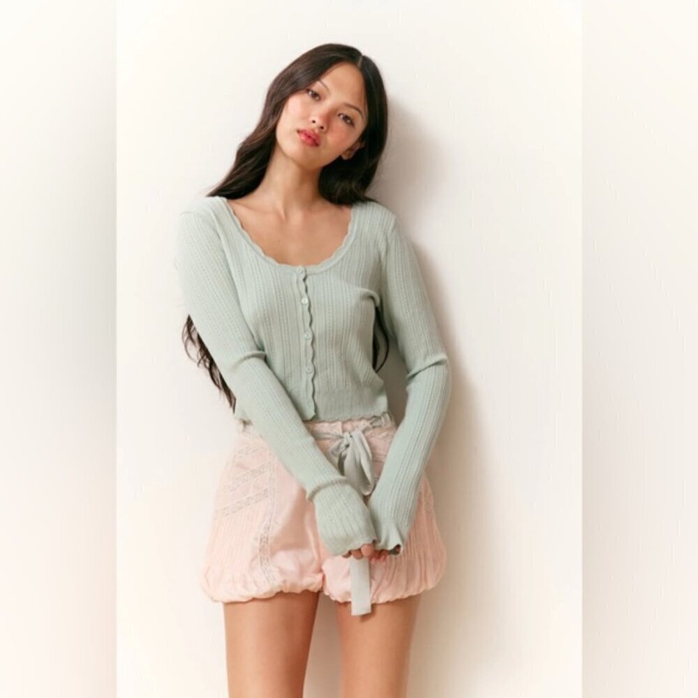NWT LoveShackFancy Martti Stretch Pointelle Cardigan Eau De Nil Green | S